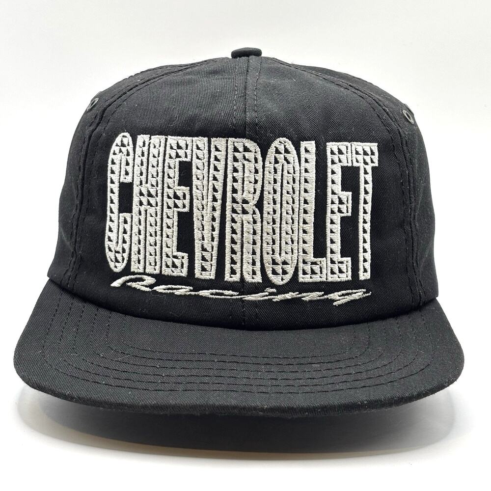 Vintage Chevrolet Racing Hat Cap SnapBack Black Script Blockhead 90s VTG Rare